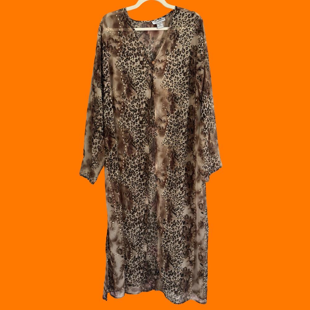 00's vintage leopard print chiffon sequins mob wife mcbling y2k tunic duster 2X
